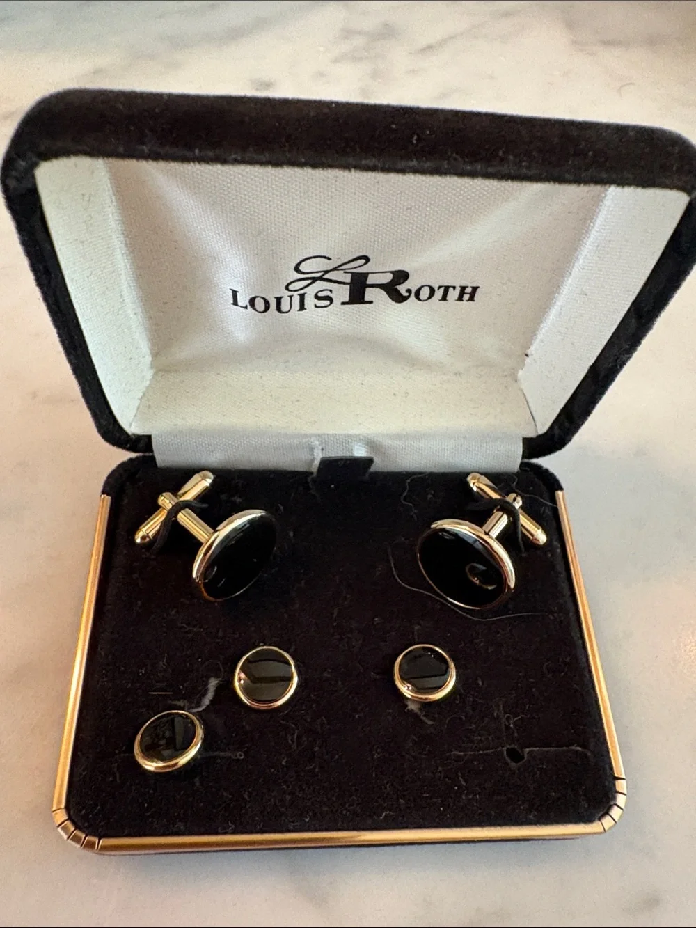Louis Roth Black and Gold Oval Cufflinks with Matching Studs